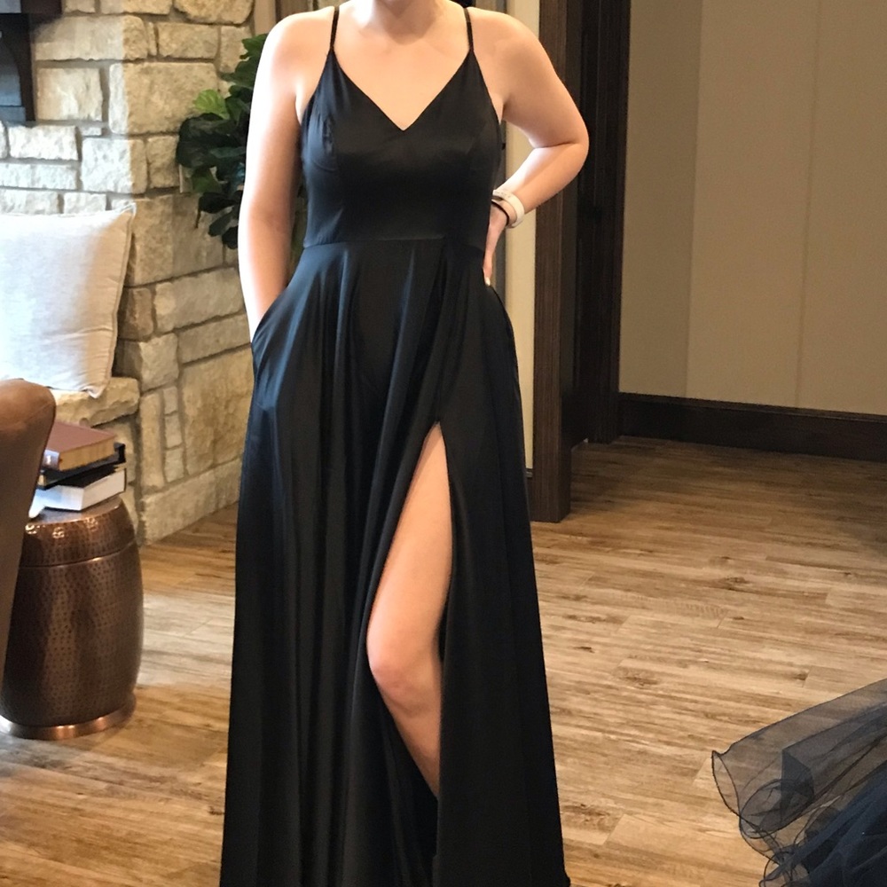 V-Neck Spaghetti Strap Side Slit Satin Ballgown